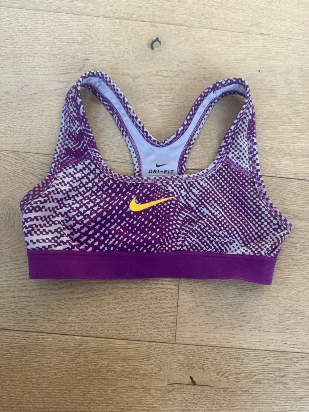 Nike Purple Patterned Dri-FIT Sports Bra with Yellow Swoosh